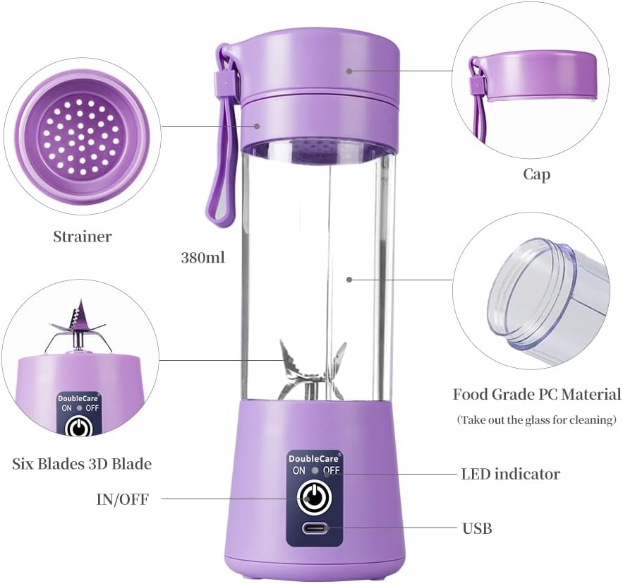 Portable Juicer– USB Electric Juicer 380ml with 6 Blades | Shakes & Smoothies Maker (Light Purple)