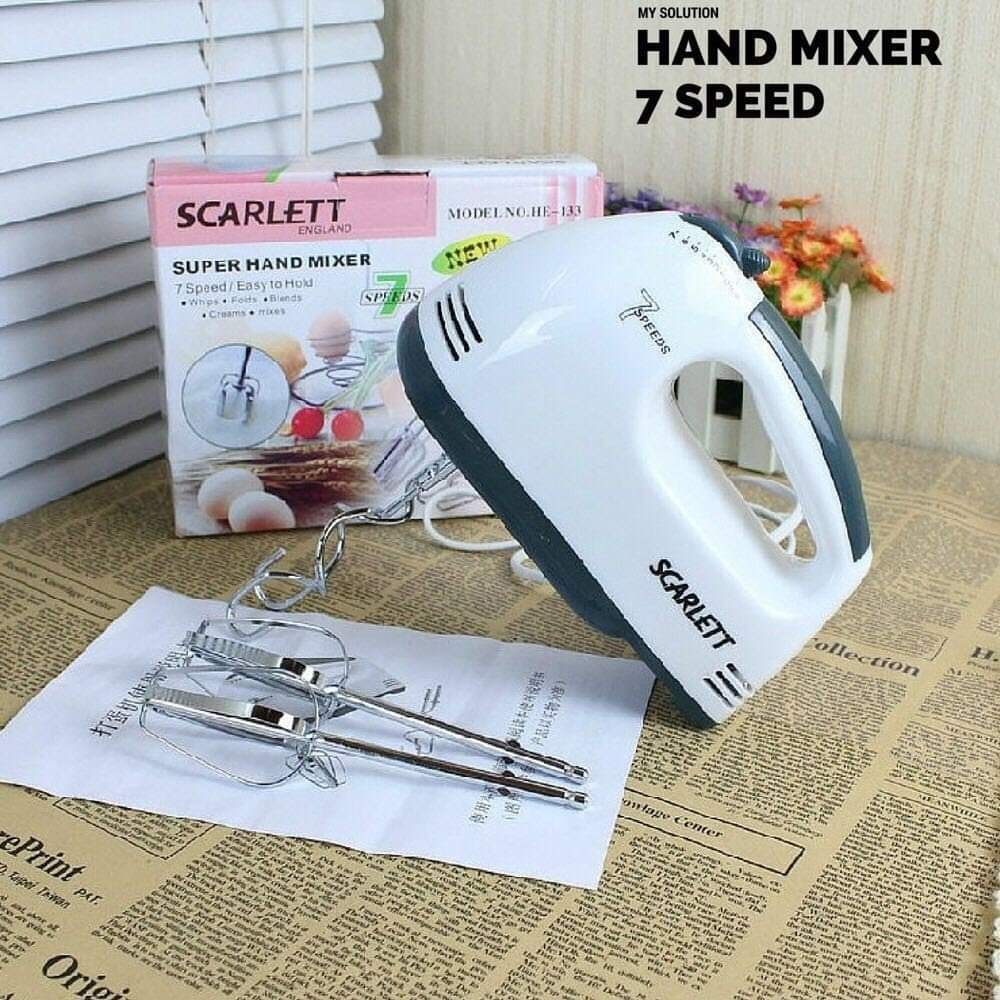 Food Mixer Electric Hand Whisk – 7 Speed Egg Beater with Stainless Steel Beaters & Dough Hooks