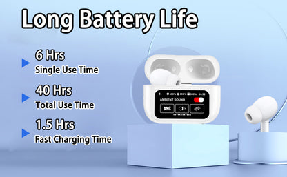 Wireless Earbuds Bluetooth 5.4 with Touch Screen, ANC/ENC Noise Cancelling, 40H Playtime – Stereo Bass Headphones for iOS & Android