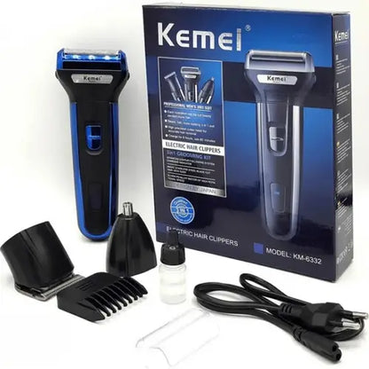 Kemei 3-in-1 Rechargeable Trimmer – Hair, Beard & Nose/Ear Grooming